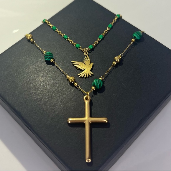 Hand Crafted Jewelry - Natural Malachite Stone Cross & Enamel Bead Dove Set 18k Gold